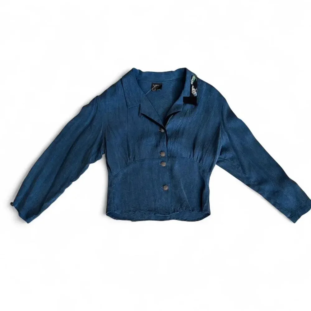 90s Blue Button Up Blouse – minimalist sculptural cut top M - Picture 5 of 8